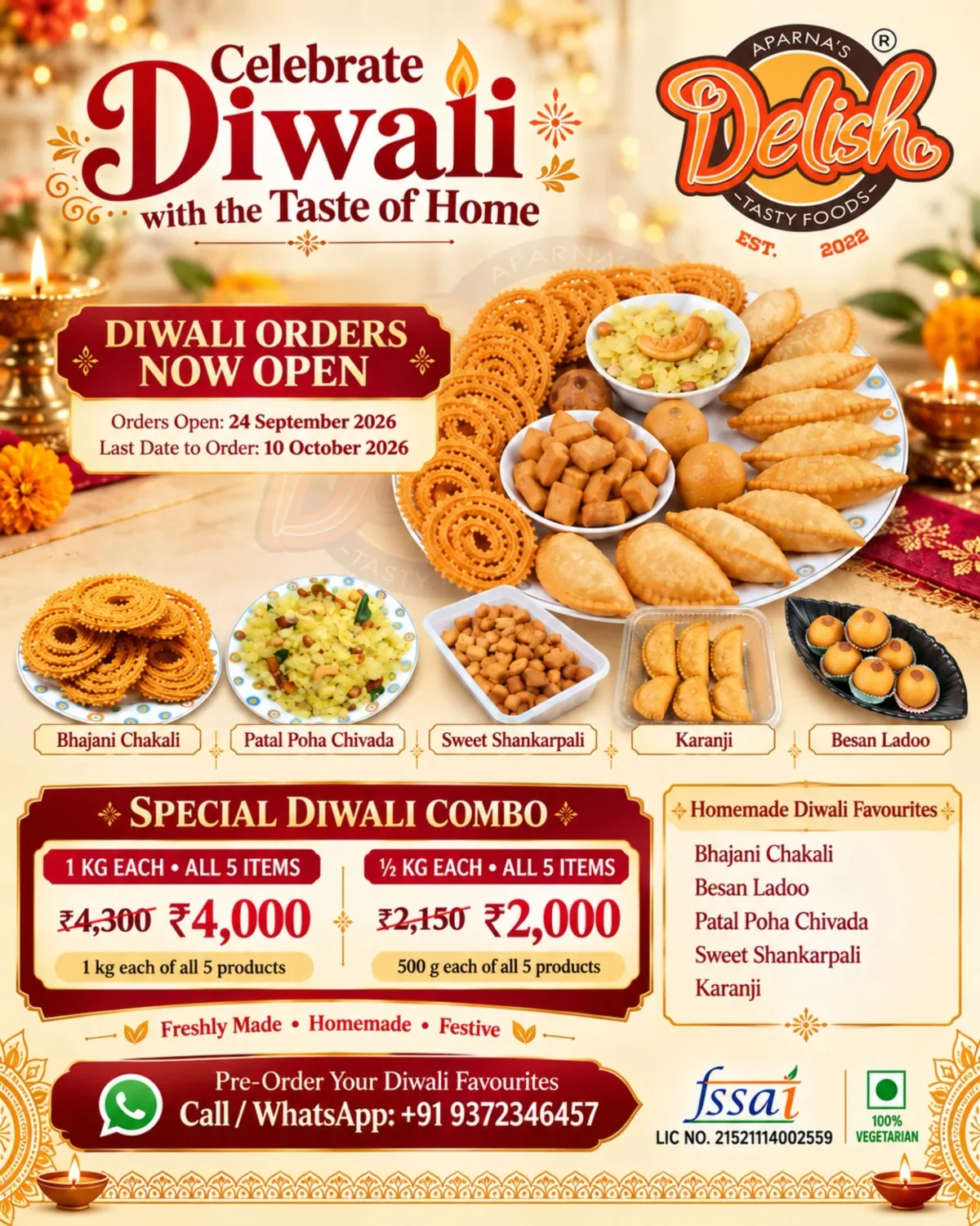 Aparna's Delish Tasty Foods Diwali 2026 order poster showing Bhajani Chakali, Patal Poha Chivada, Sweet Shankarpali, Karanji and Besan Ladoo with two festive combo offers